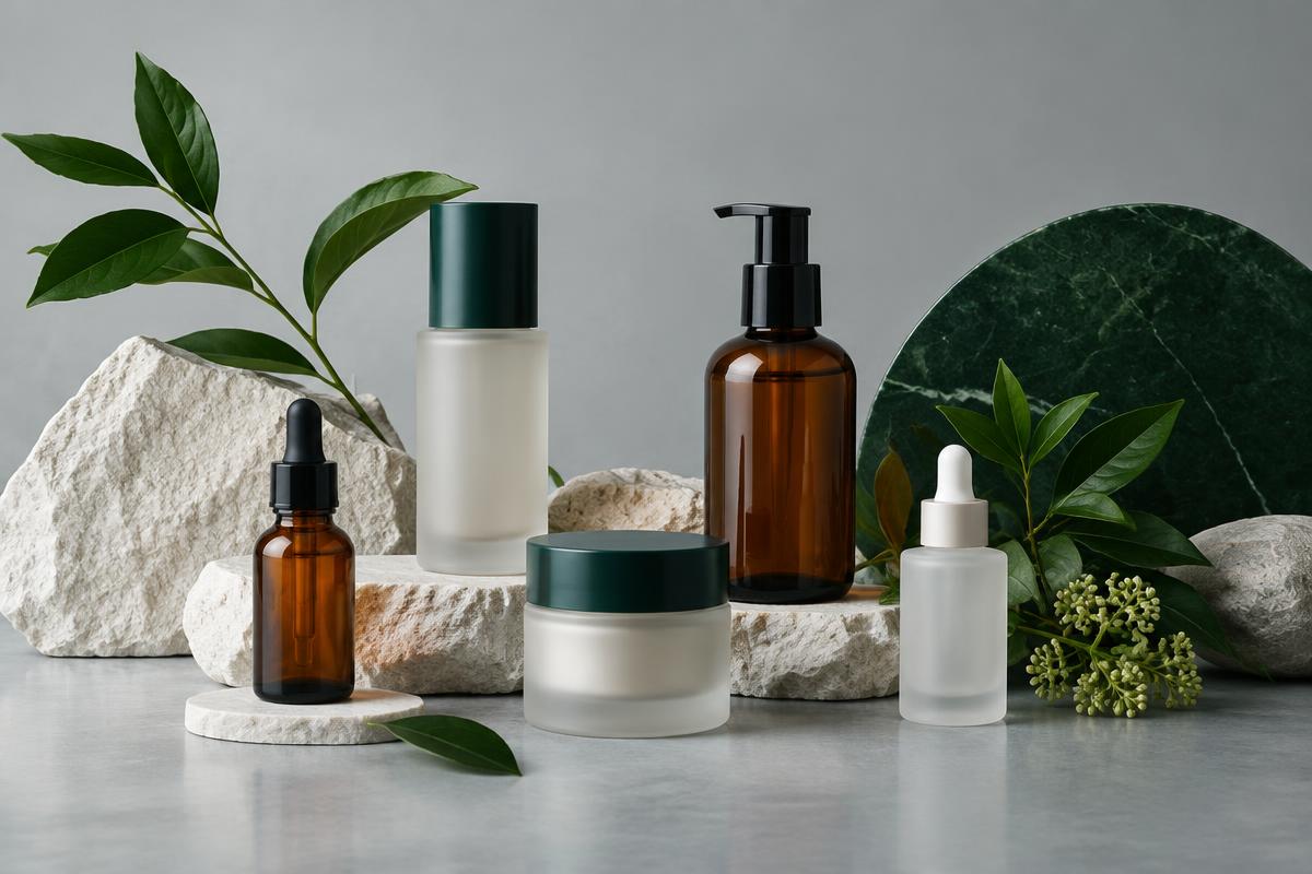 Skincare products arranged with stone and botanical details